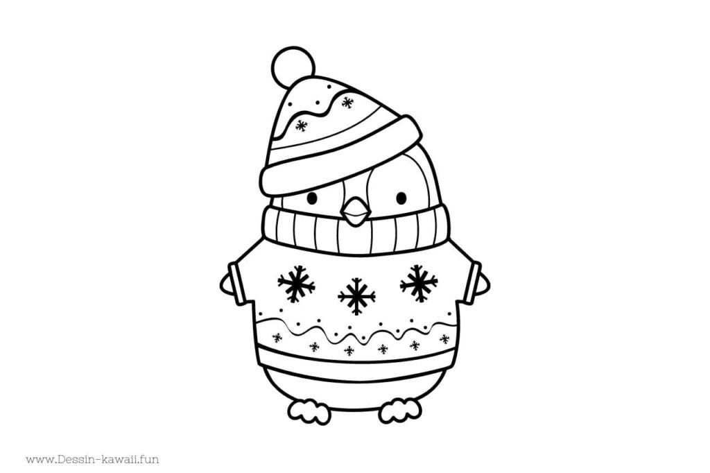 coloriage pingouin avec un pull et un bonnet de noel