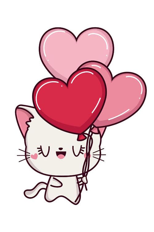 dessin kawaii chat avec des ballons en coeur