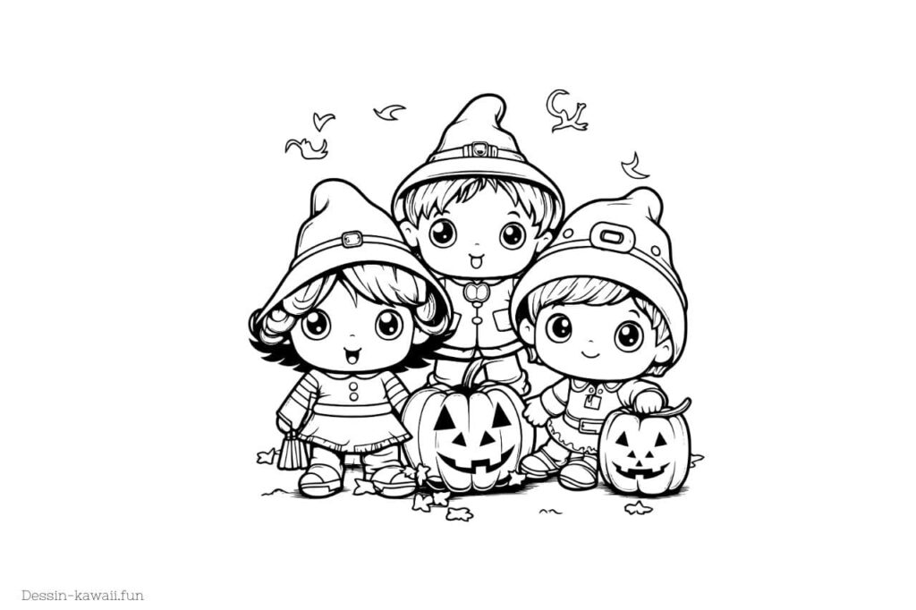 coloriage 3 enfants à halloween