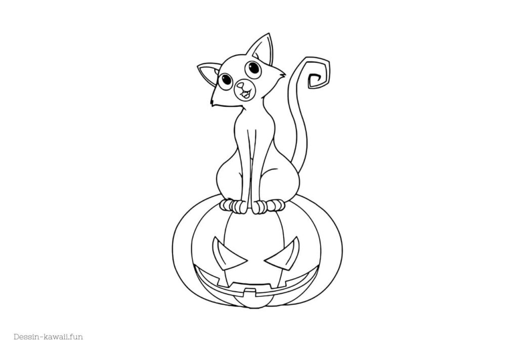 coloriage chat assis sur une citrouille d'halloween