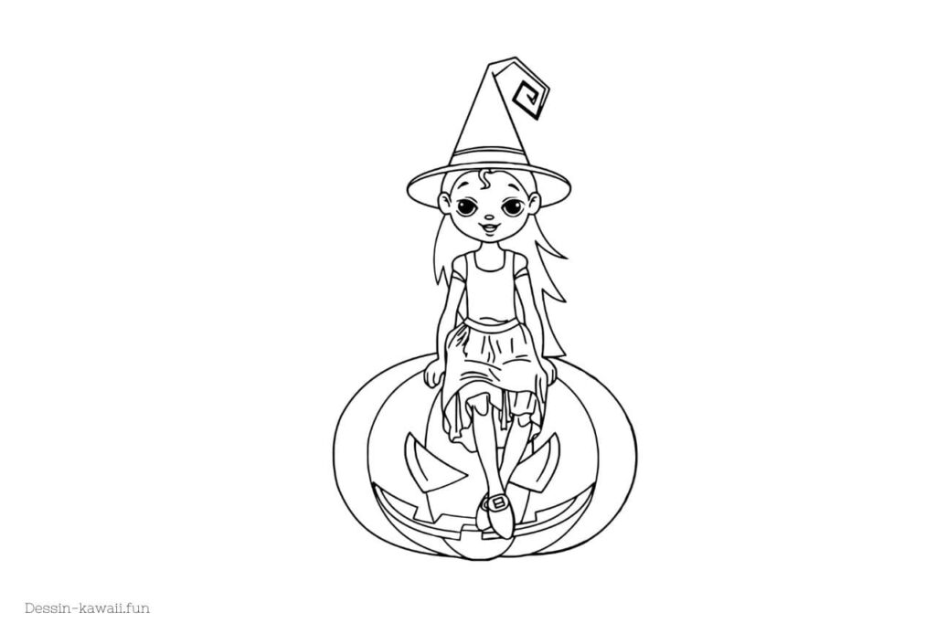 coloriage fille assis sur une citrouille d'halloween