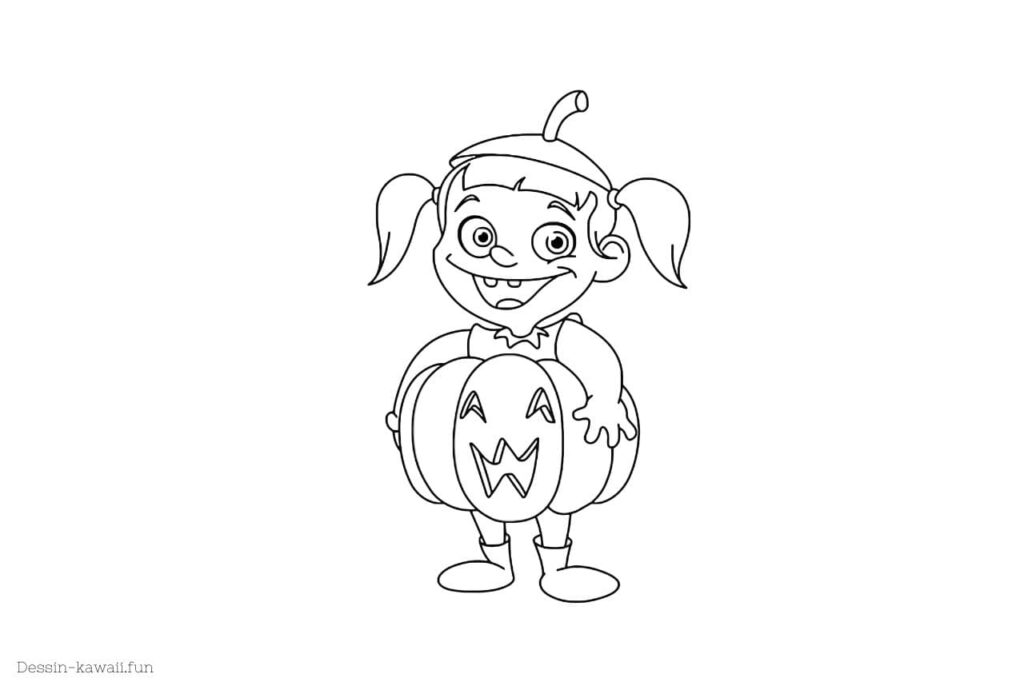 coloriage petite fille déguisé avec une citrouille pour halloween