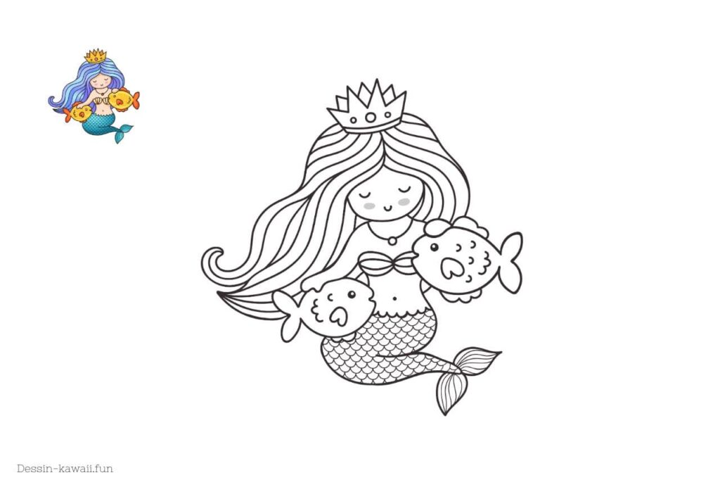 coloriage sirène avec deux poissons