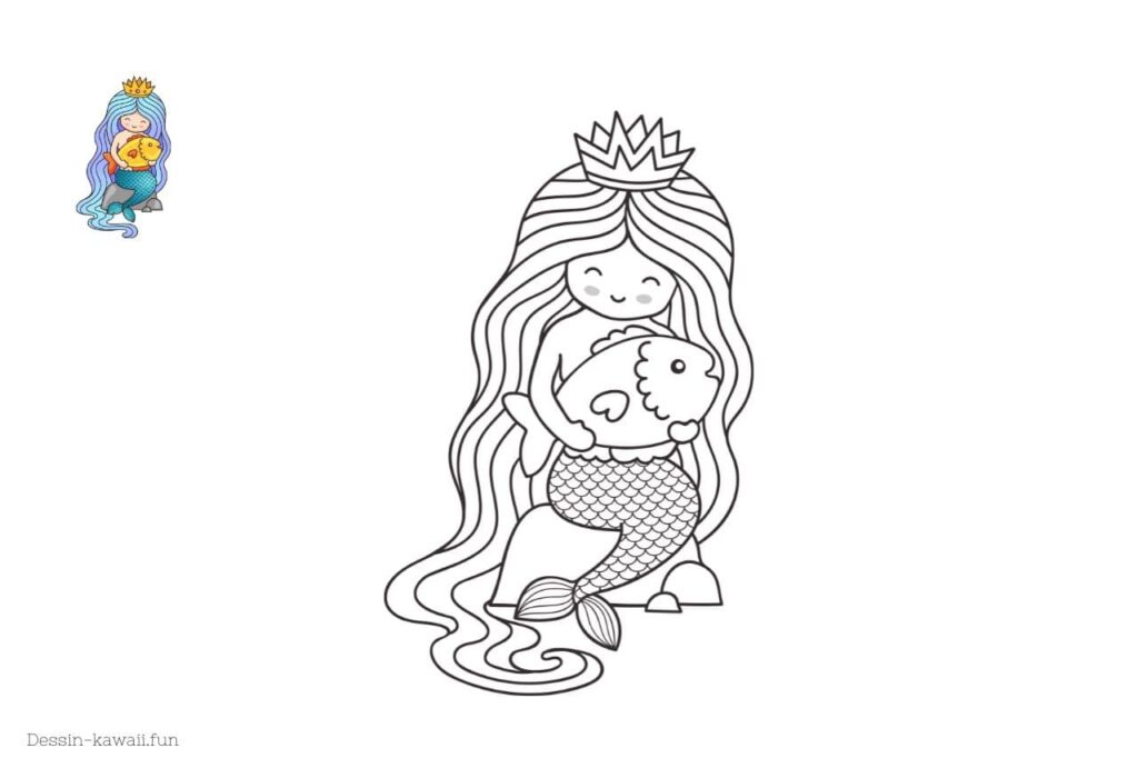 coloriage sirène avec un poisson