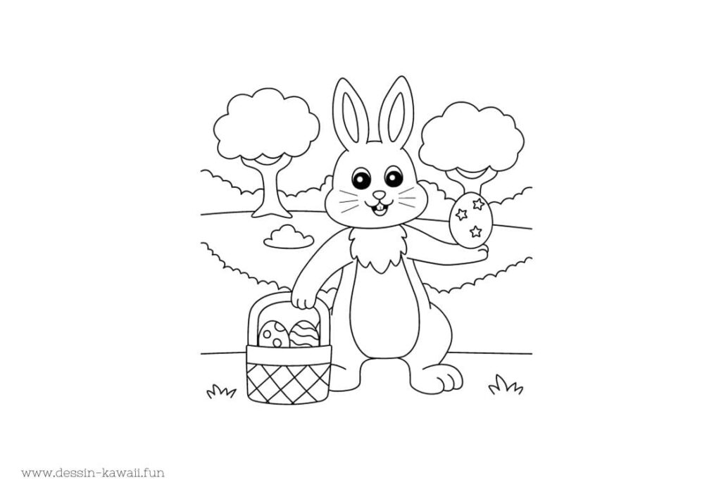 dessin lapin avec son panier qui ramasse les oeufs de paques