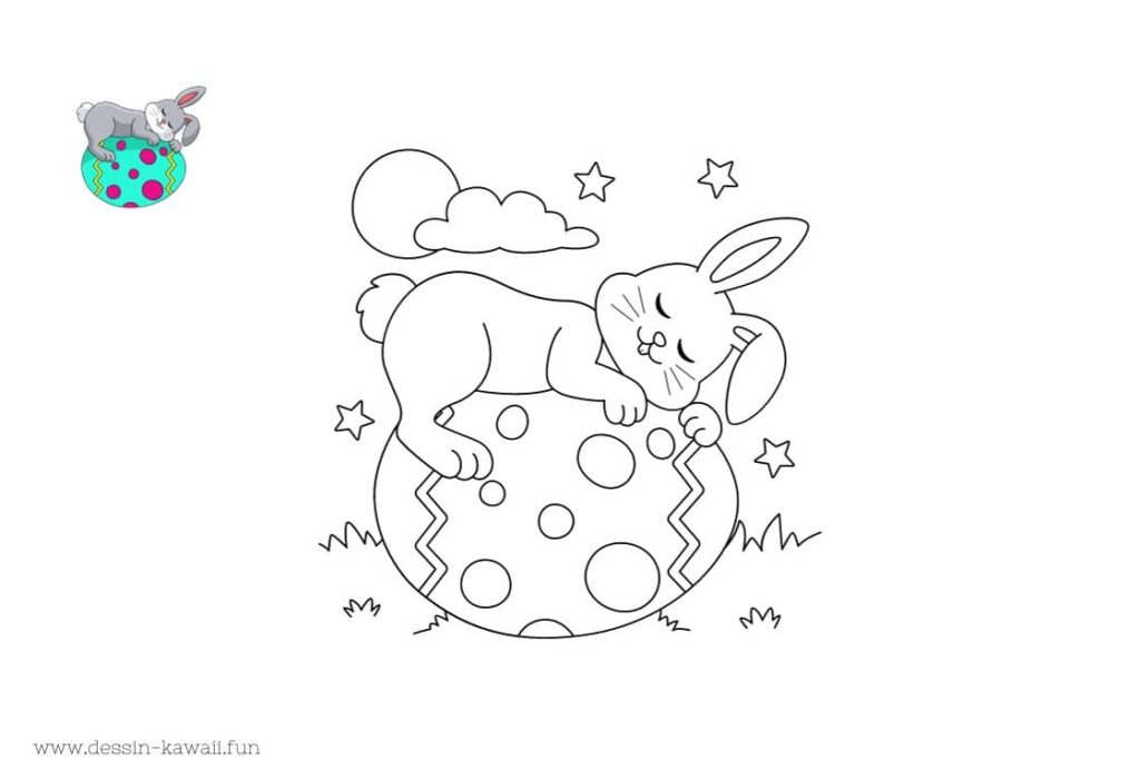 dessin lapin qui fait la sieste sur un oeuf de paques