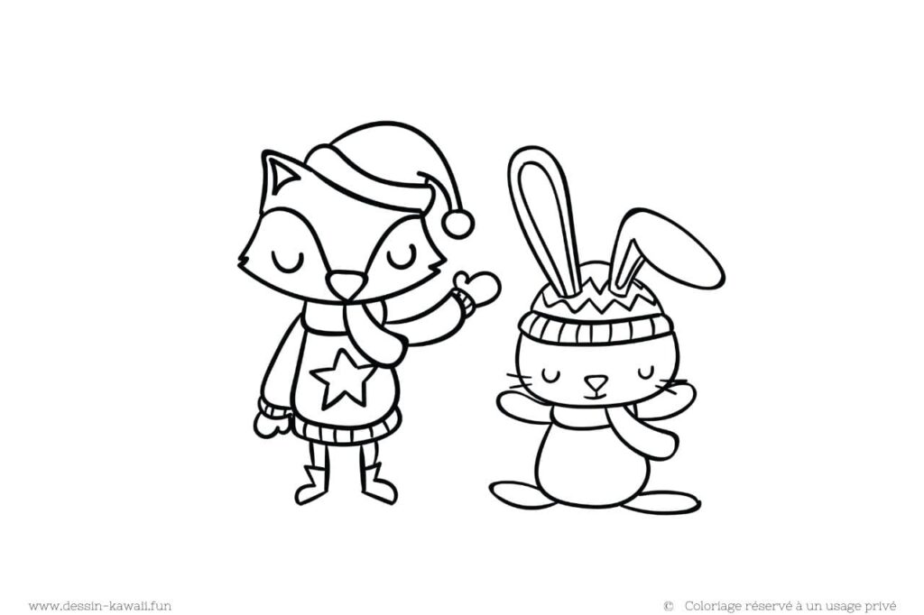 dessin renard et lapin habillé pour noel