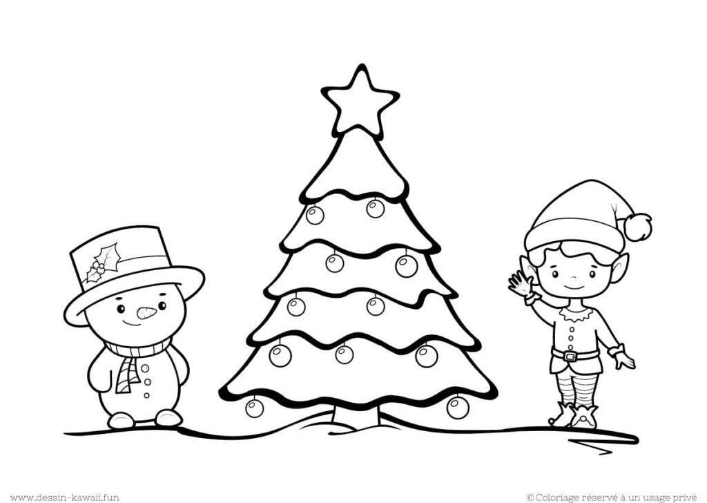 coloriage bonhomme de neige sapin de noel et lutin