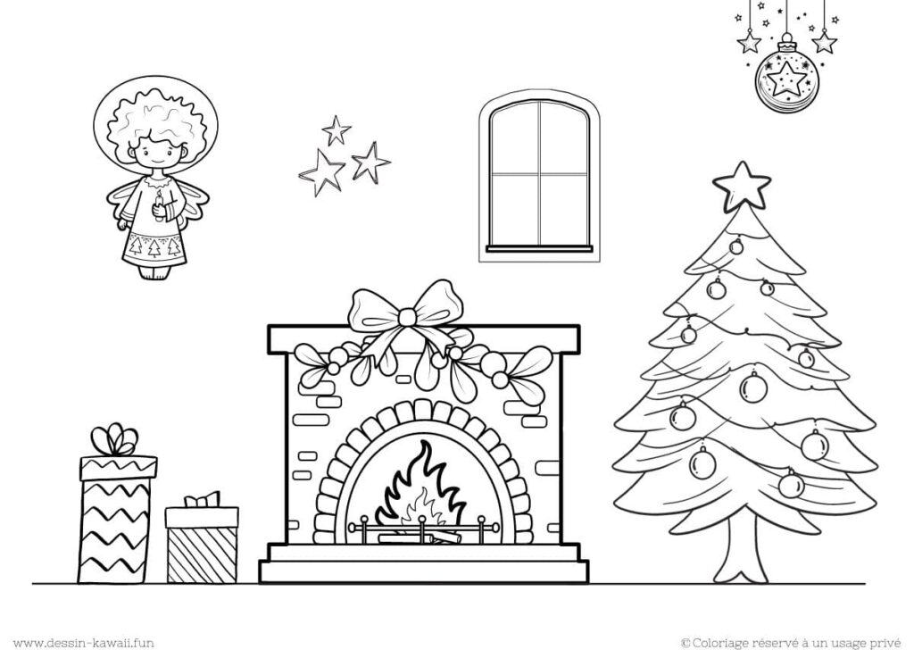 coloriage cheminée ange et arbre de noel