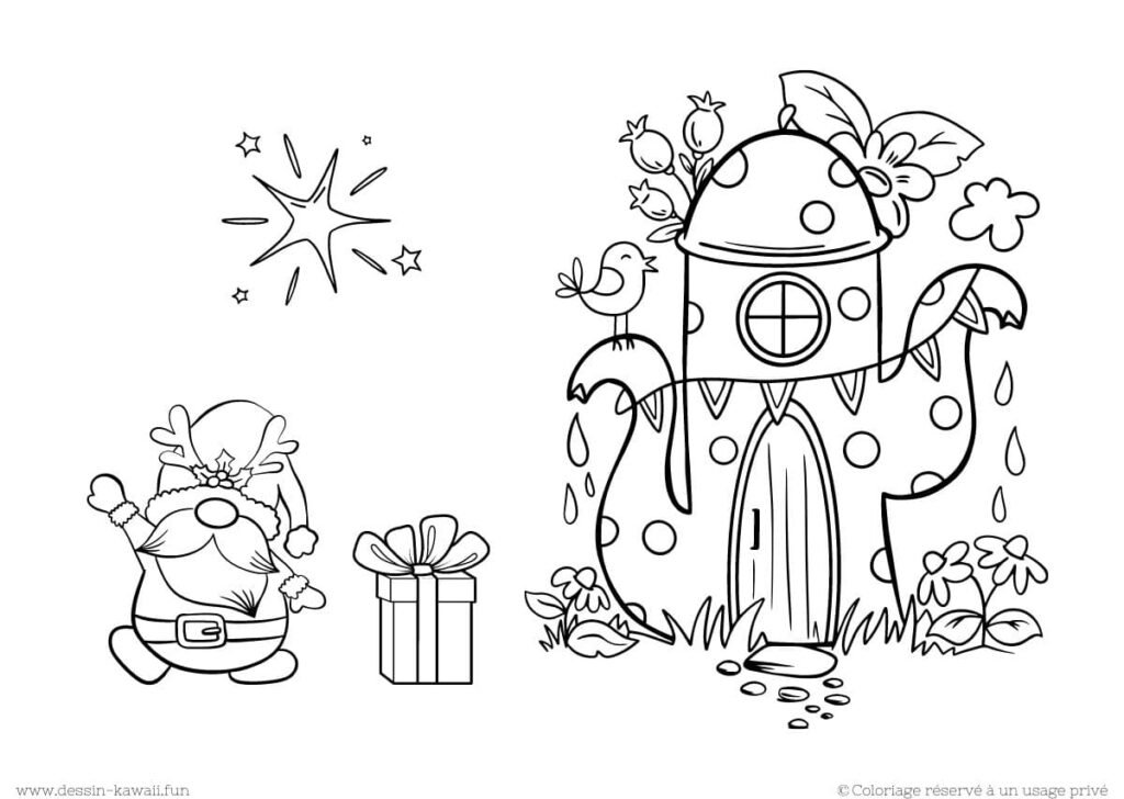 coloriage gnome cadeau de noel et maison