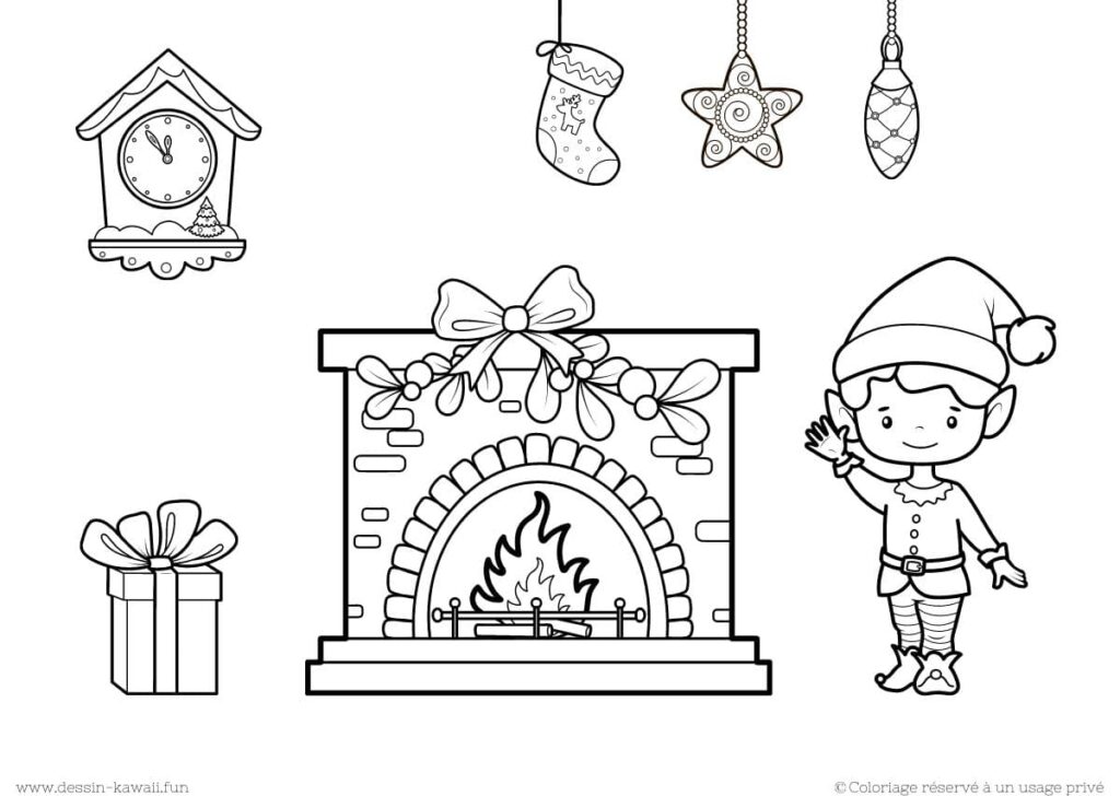 coloriage lutin de noel et décoration de fête