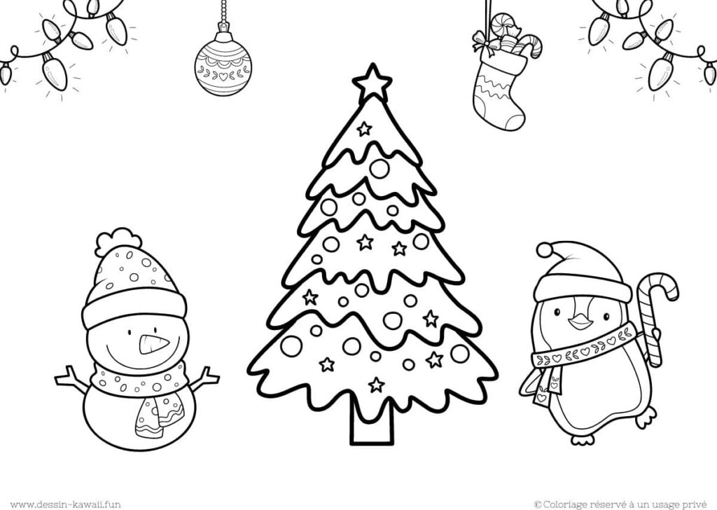 dessin bonhomme de neige sapin de noel et pingouin