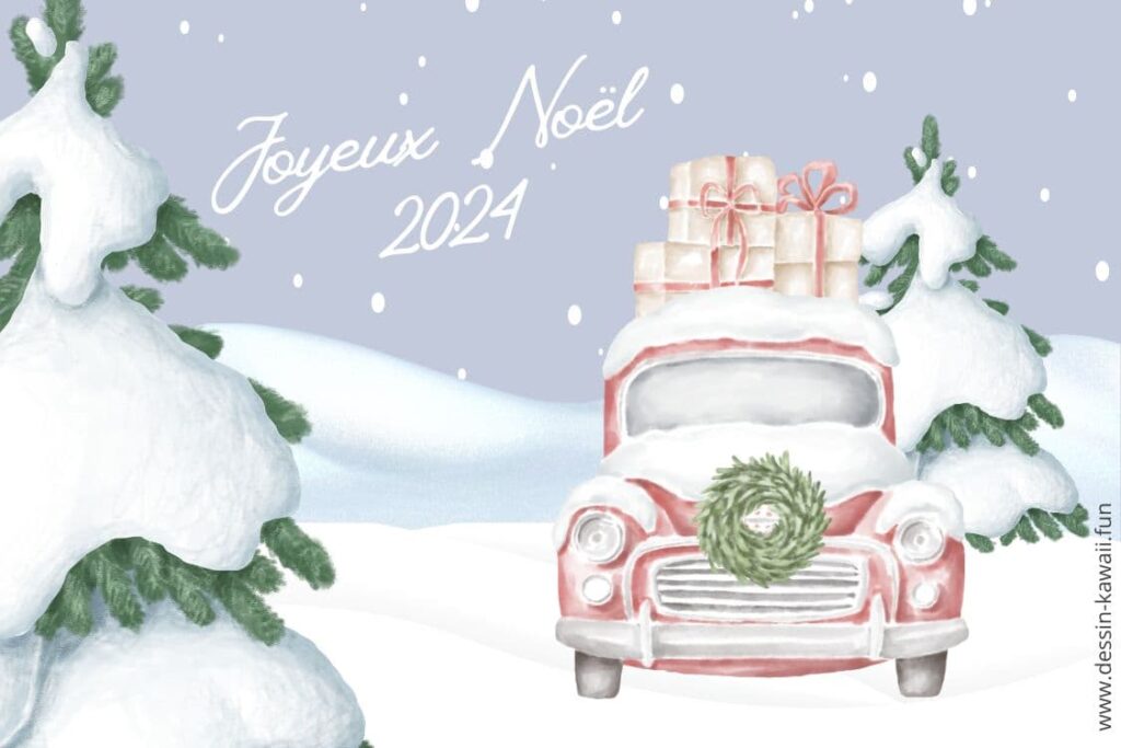 carte joyeux noel 2024 voiture et neige