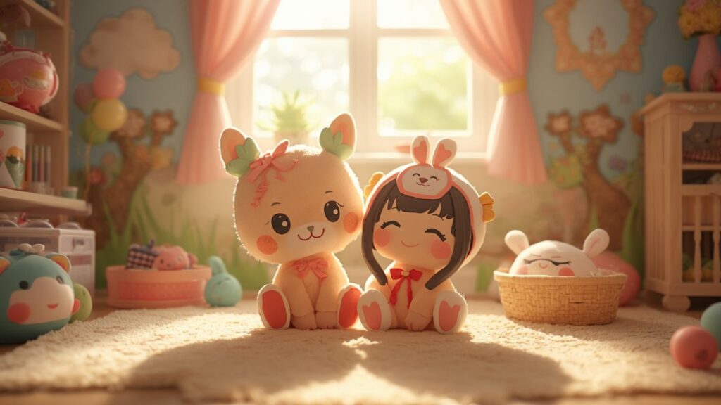 peluche kawaii et peluche chibi dans une chambre d'enfant
