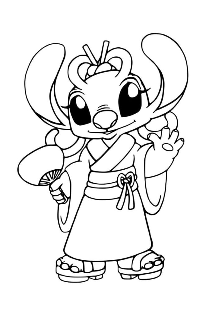 Coloriage Angel de Lilo et Stitch en kimono japonais avec éventail, dessin kawaii Disney à imprimer
