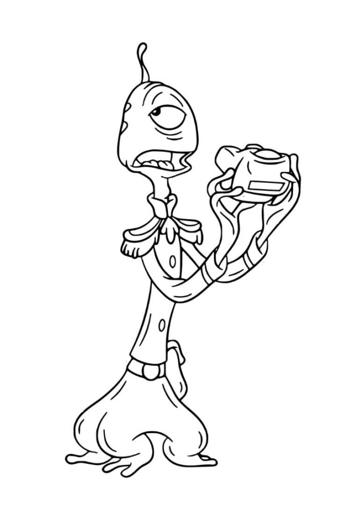 Coloriage Pleakley de Lilo et Stitch tenant une tasse, dessin Disney à imprimer pour enfants