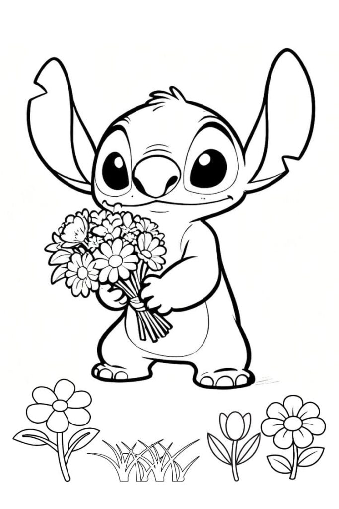Coloriage Stitch avec fleurs à imprimer – dessin kawaii Disney pour enfants