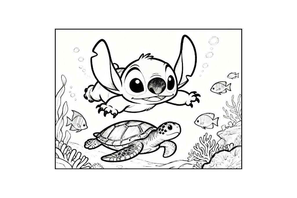 coloriage stitch qui nage dans l'océan avec une tortue et des poissons dessin Disney gratuit