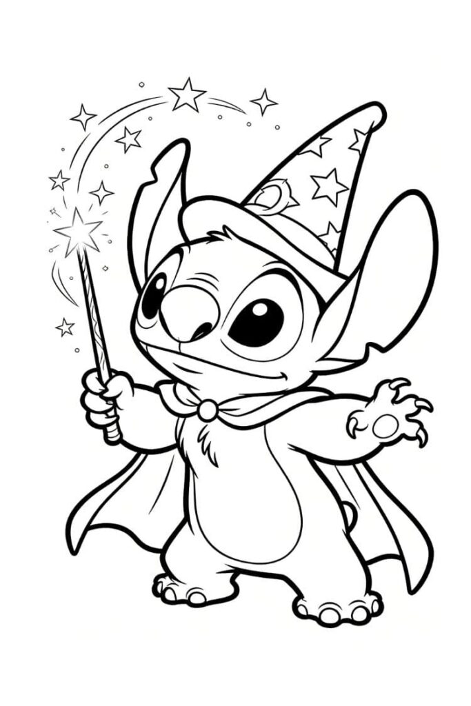 Coloriage Stitch magicien à imprimer – dessin Disney magique avec baguette