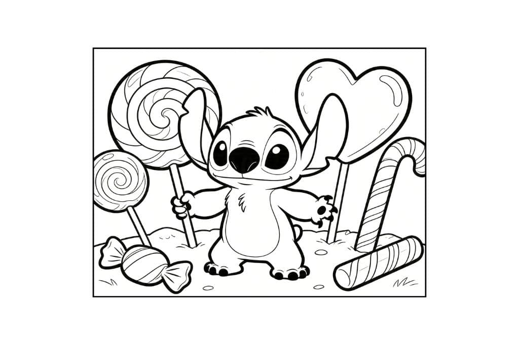 coloriage stitch entouré de bonbons géant dessin maternelle gratuit à imprimer