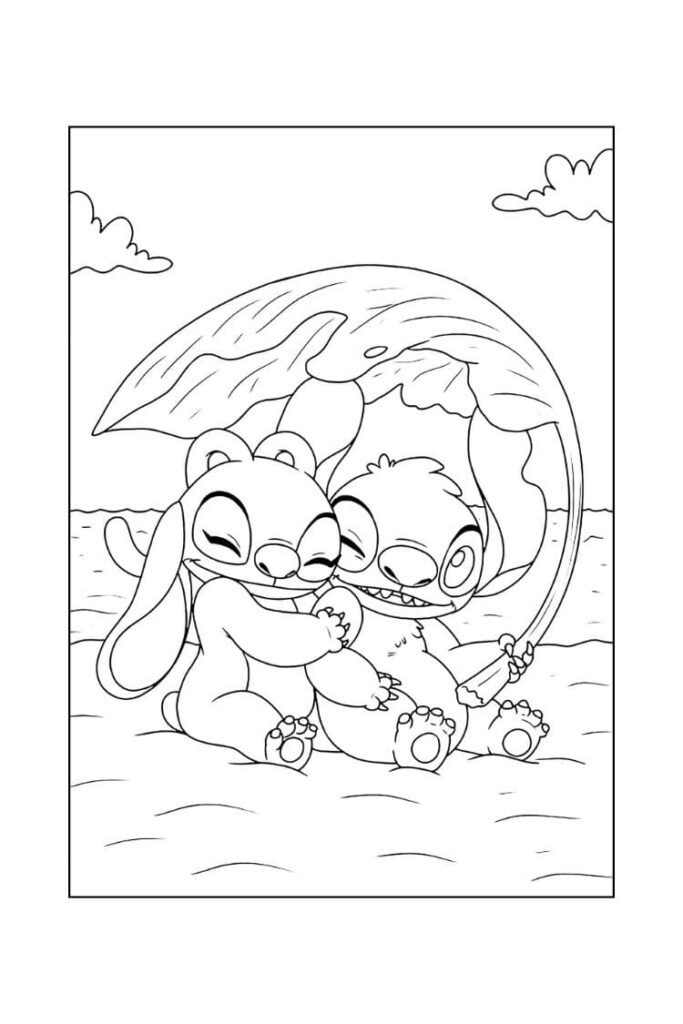 dessin stitch et angel sur la plage en amoureux dessin disney