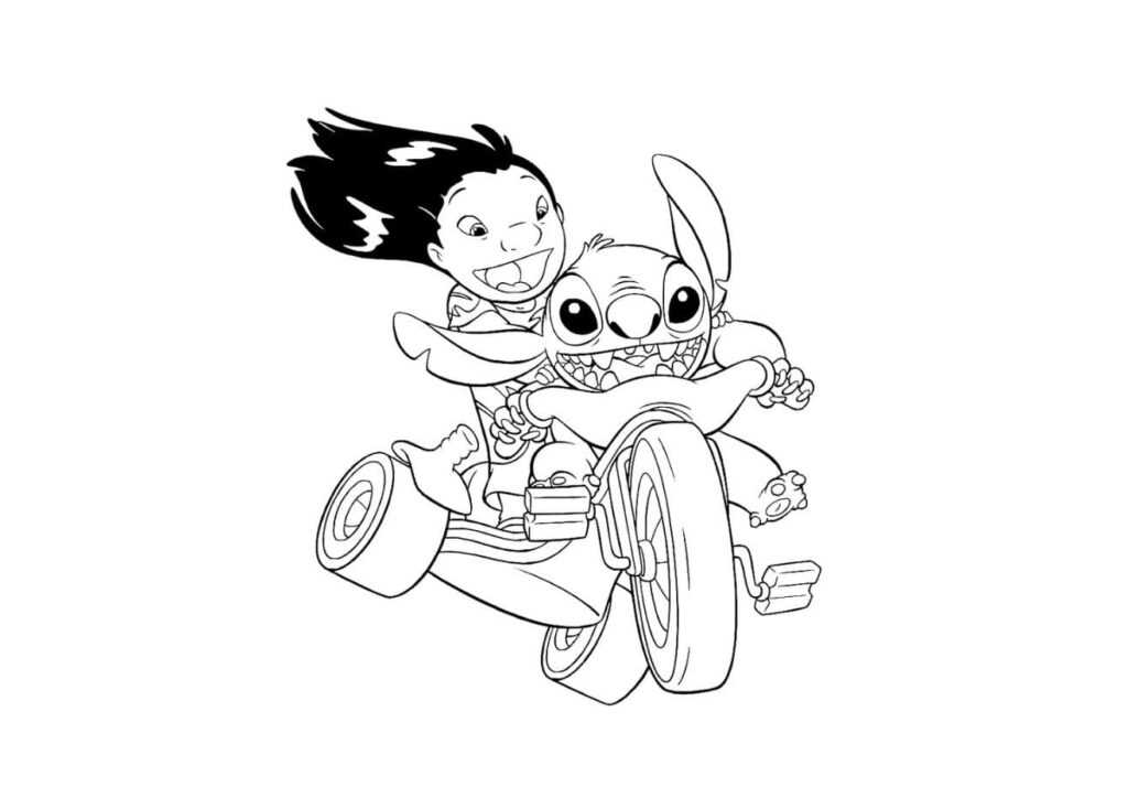 dessin stitch et Lilo sur un tricycle coloriage adulte Disney