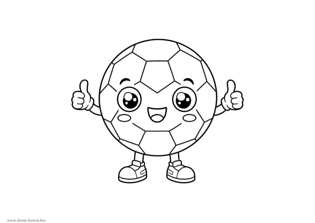 Coloriage d'un ballon de football kawaii souriant avec des yeux ronds, des mains faisant le signe pouce en l'air et des chaussures de sport, à imprimer et colorier