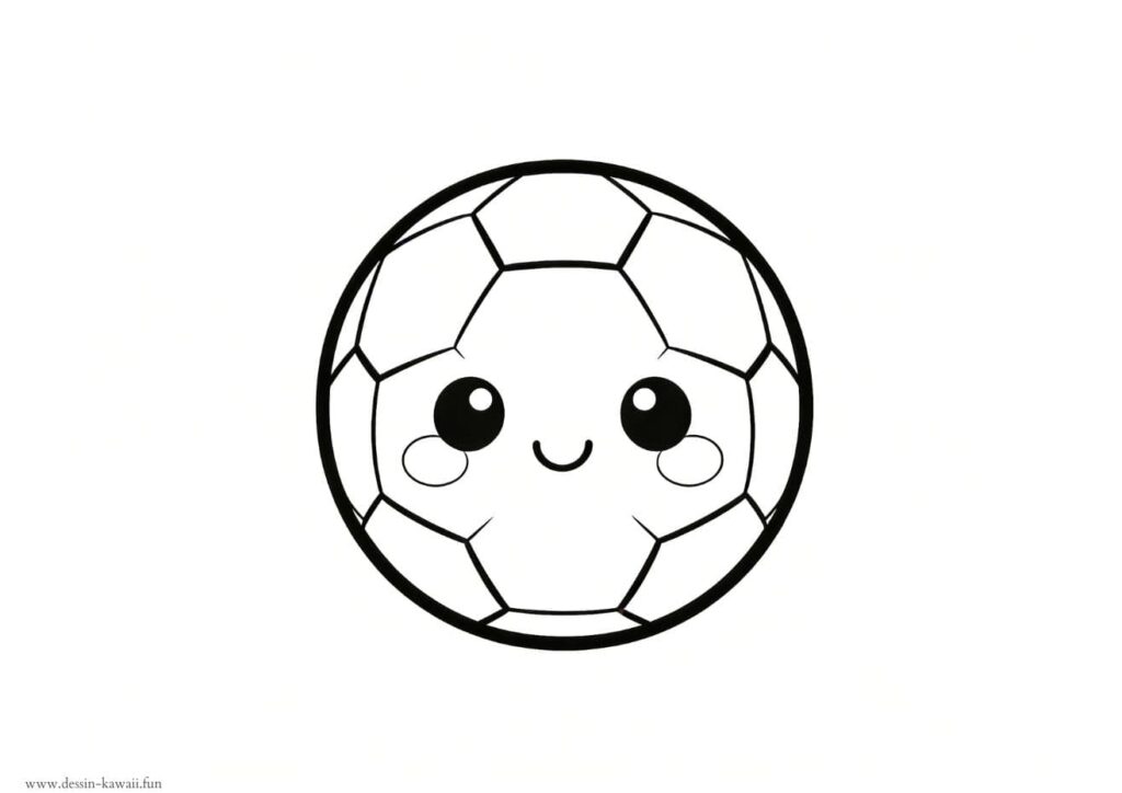 Coloriage simple d'un ballon de football kawaii avec un visage souriant et des joues roses, dessin facile à colorier pour les jeunes enfants