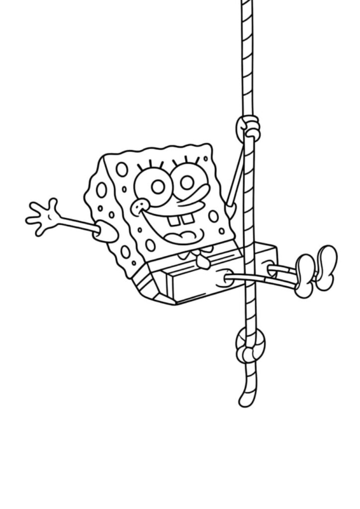 Coloriage Bob l'éponge souriant accroché à une corde, bras tendu, en train de se balancer avec enthousiasme