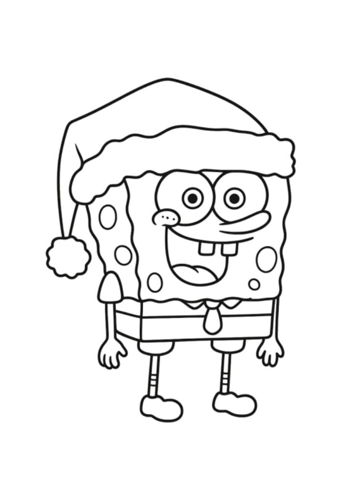 Coloriage de Bob l'éponge souriant coiffé d'un grand bonnet rouge de Père Noël avec pompon, dans sa tenue habituelle