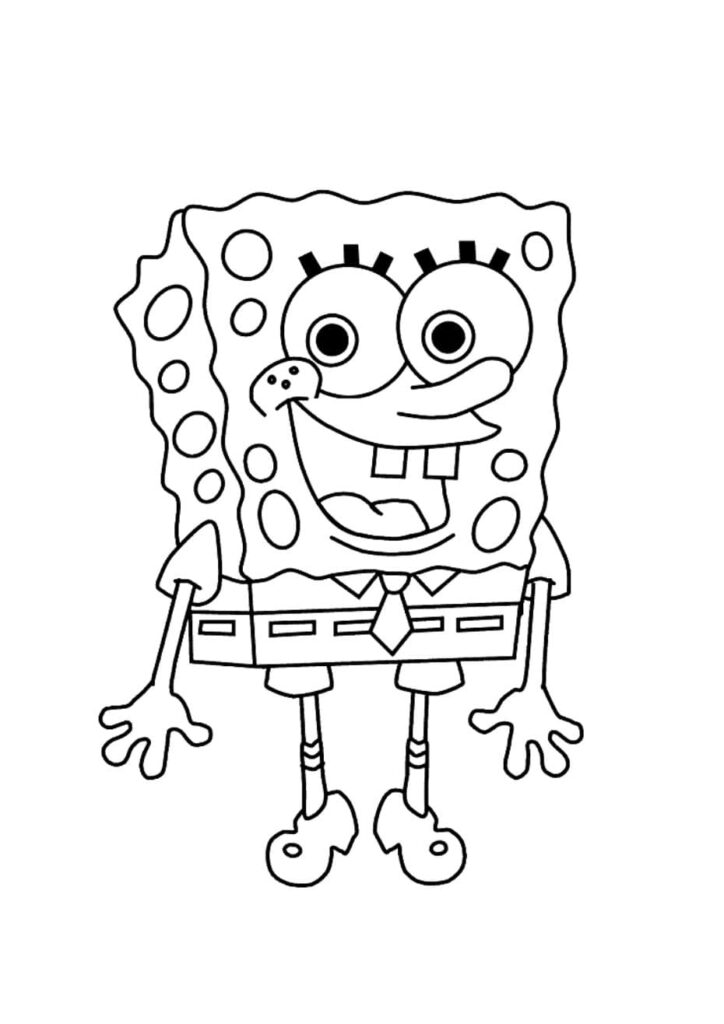 Coloriage classique de Bob l'éponge debout, grand sourire et grands yeux ronds, portant sa cravate et ses chaussures, vu de face