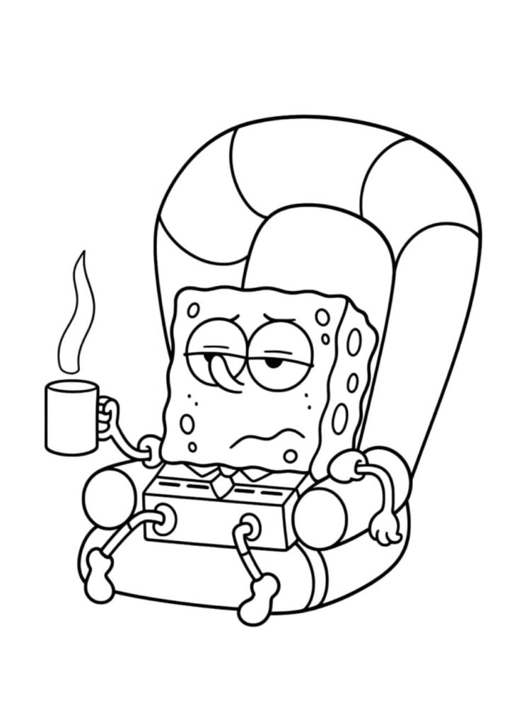 Coloriage Bob l'éponge assis dans un fauteuil gonflable, les yeux mi-clos et fatigués, tenant une tasse fumante à colorier