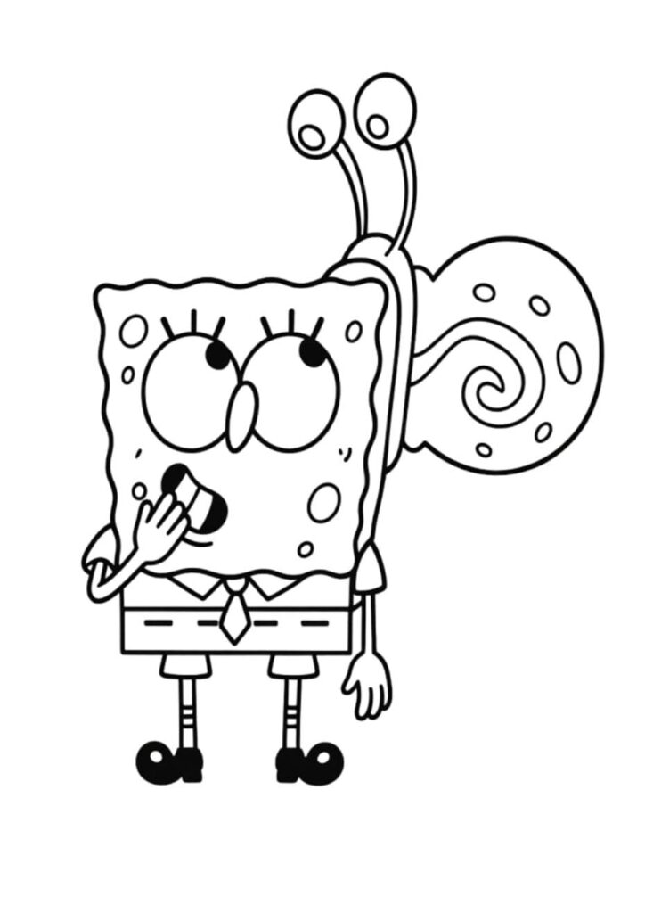 Coloriage de Bob l'éponge avec son escargot de compagnie Gary perché sur son épaule, tous deux avec une expression surprise