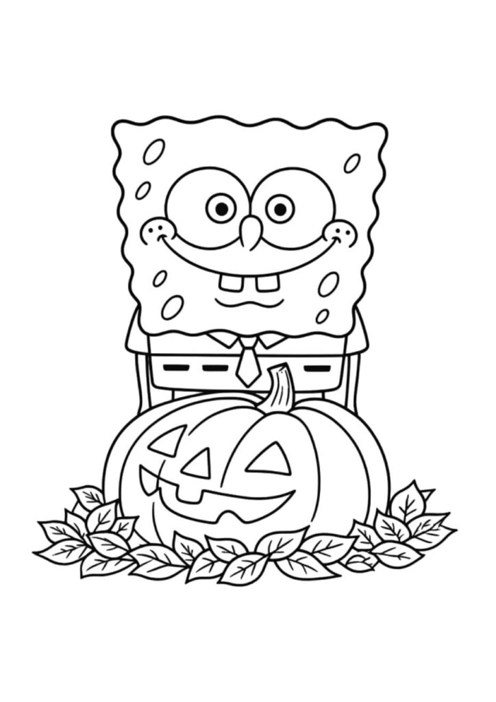 Coloriage Bob l'éponge souriant derrière une citrouille sculptée d'Halloween entourée de feuilles d'automne, à colorier