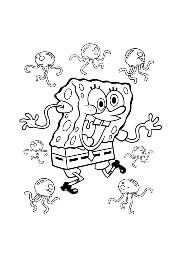 Coloriage de Bob l'éponge courant joyeusement entouré de nombreuses méduses volantes dans les champs de méduses de Bikini Bottom