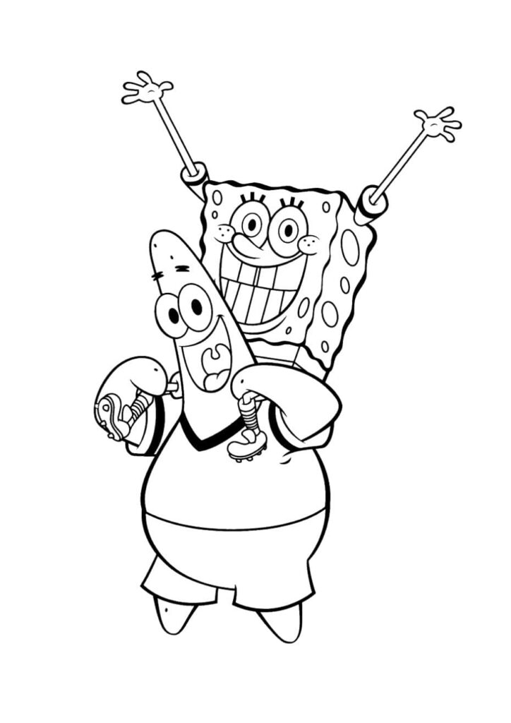 Coloriage de Bob l'éponge perché sur les épaules de Patrick, les deux amis souriants et bras levés en signe de victoire