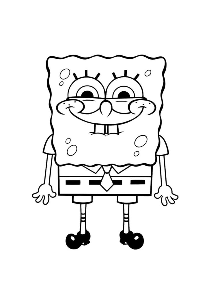 Coloriage simple de Bob l'éponge souriant de face, avec ses grandes joues rondes, sa cravate et ses chaussures noires, trait épais adapté aux jeunes enfants