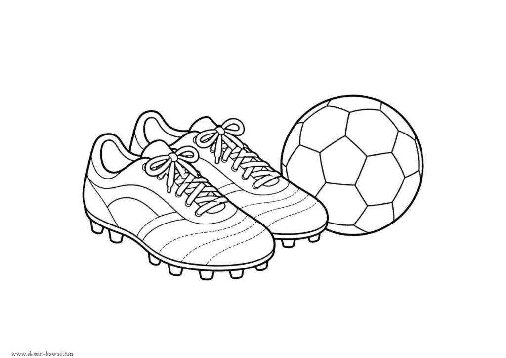 Coloriage détaillé d'une paire de chaussures de football à crampons lacées posées à côté d'un ballon de foot, dessin réaliste en noir et blanc à colorier