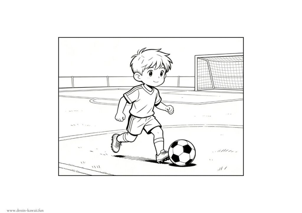 Coloriage manga d'un petit garçon en tenue de footballeur qui court avec un ballon sur un terrain de football intérieur avec un but en arrière-plan