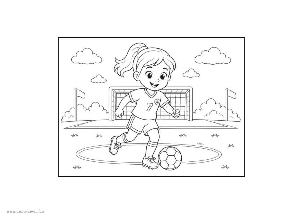Coloriage d'une fillette footballeuse souriante portant le maillot numéro 7 qui court avec un ballon de football sur un terrain avec but et drapeaux en arrière-plan sous un ciel nuageux
