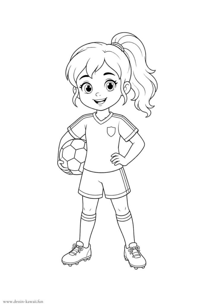 Coloriage d'une fille footballeuse aux cheveux en queue de cheval qui tient un ballon de football, vêtue d'un maillot à écusson, short, chaussettes hautes et chaussures à crampons