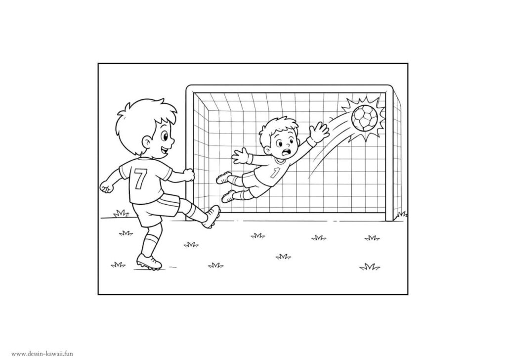Coloriage d'une scène de football dynamique où un joueur numéro 7 tire au but et le gardien numéro 1 plonge sans pouvoir arrêter le tir, ballon entrant dans les filets