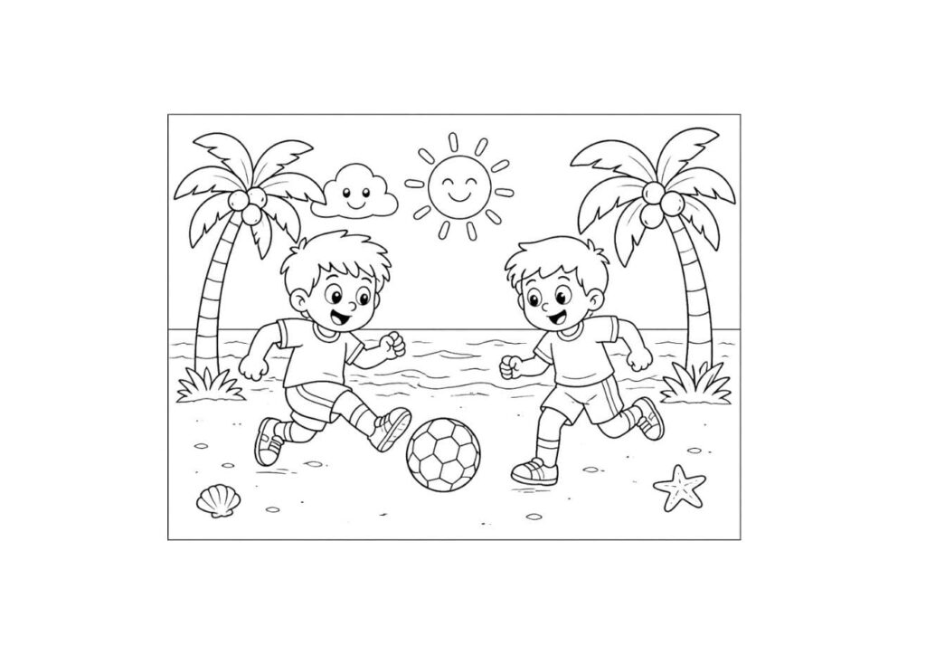 Coloriage d'une scène estivale avec deux garçons souriants en tenue de foot qui jouent au football sur une plage, palmiers de chaque côté, soleil kawaii souriant et nuage dans le ciel, coquillage et étoile de mer au sol