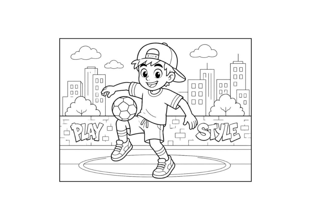Coloriage d'un garçon souriant avec une casquette de baseball qui jongle avec un ballon de football dans la rue, devant un mur avec les graffitis "Play" et "Style" et un fond de ville avec immeubles