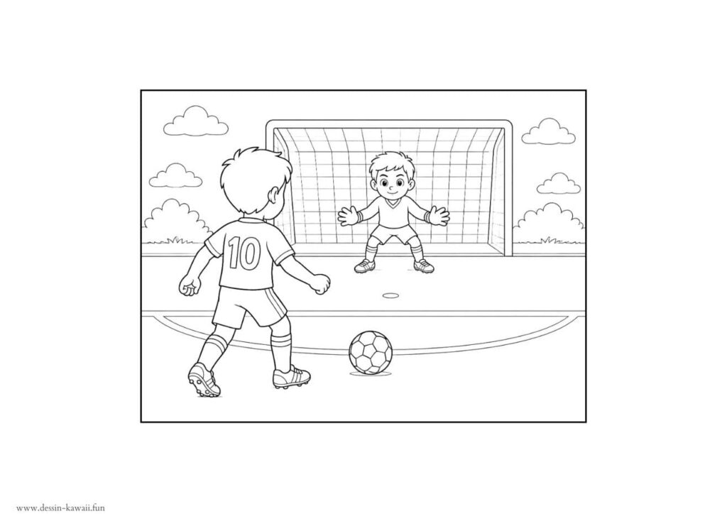 Coloriage d'une scène de football avec un joueur numéro 10 de dos face au gardien devant le but, ballon au sol sur le terrain, nuages et arbustes en arrière-plan