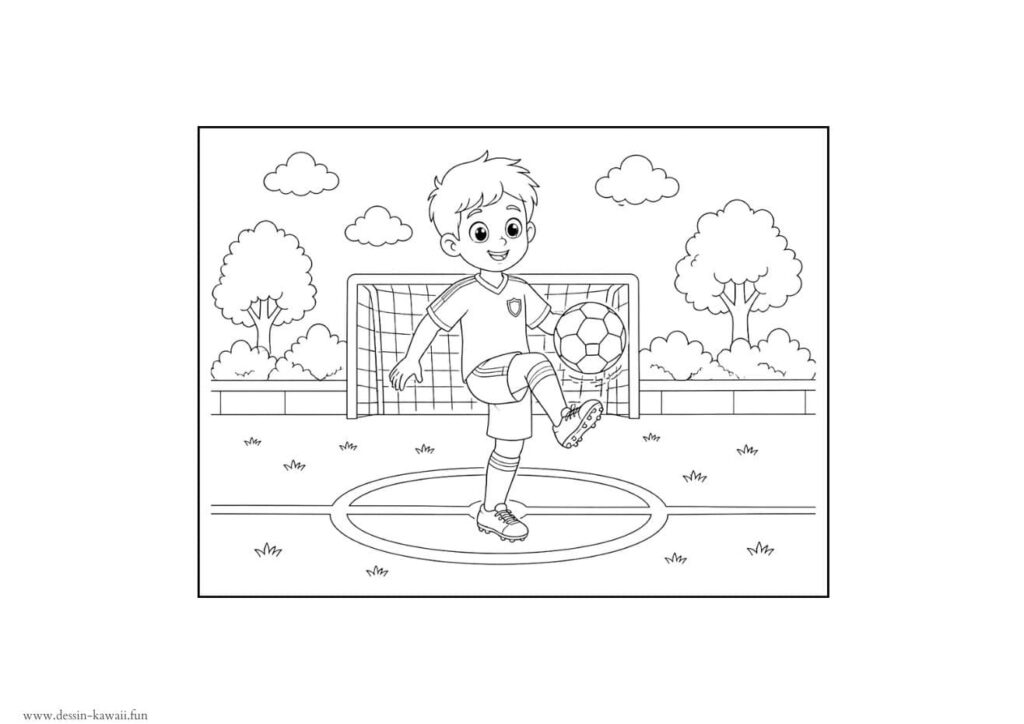 Coloriage d'un garçon footballeur souriant qui frappe un ballon de foot du pied droit sur un terrain avec herbe, arbres et but en arrière-plan, ciel nuageux