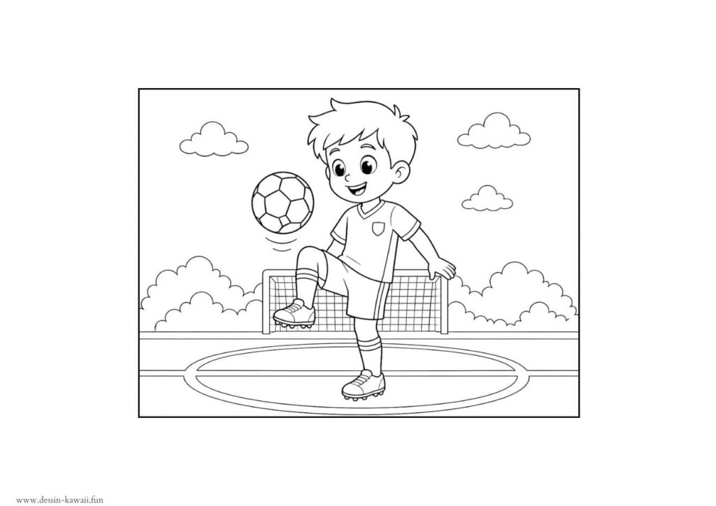 Coloriage d'un jeune garçon footballeur en train de jongler avec un ballon sur son genou sur un terrain de foot, buissons et but en arrière-plan, sous un ciel nuageux