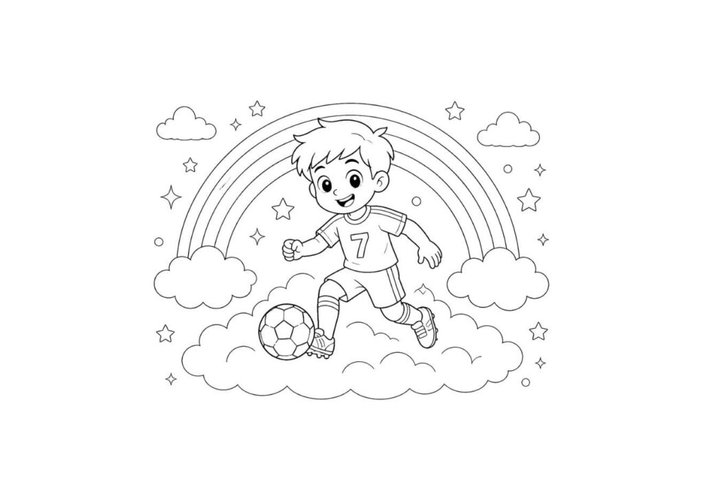 Coloriage fantaisie d'un garçon footballeur souriant portant le numéro 7 qui dribble un ballon debout sur des nuages, entouré d'étoiles et d'un grand arc-en-ciel coloré en arrière-plan