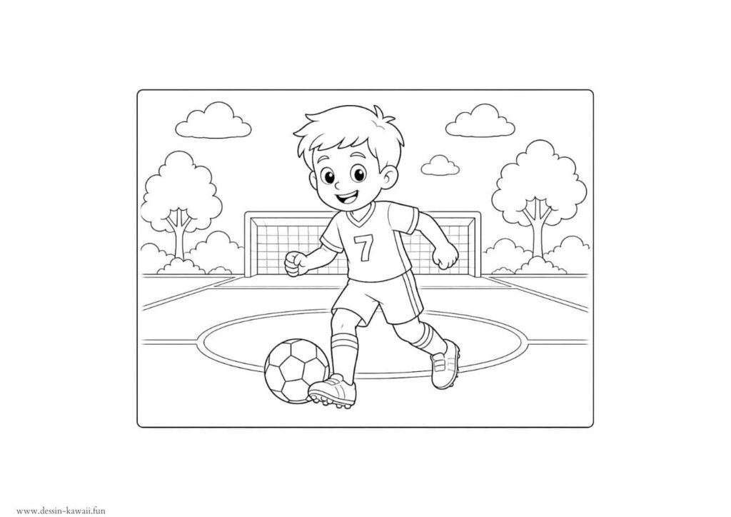 Coloriage d'un garçon en tenue de foot numéro 7 souriant qui court avec un ballon sur un terrain de football entouré d'arbres, nuages et but en arrière-plan