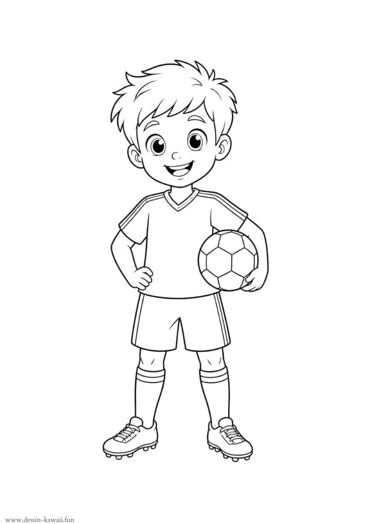 Coloriage d'un garçon footballeur souriant tenant un ballon de football sous le bras, portant un maillot à bandes, un short, des chaussettes et des chaussures à crampons